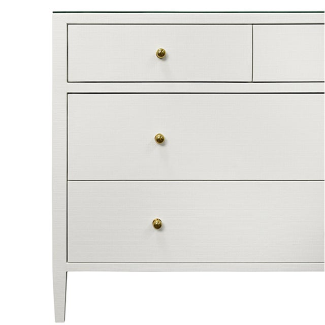 Contemporary Matthew Izzo Home - Michelle Textured White Linen, Glass Top, Four Drawer Dresser With Brass Kknobs For Sale - Image 3 of 4