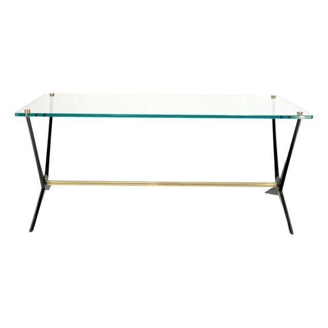 Italian Mid-Century Modern Cast Metal & Brass Base Glass Rectangle Coffee Table For Sale
