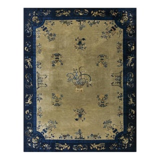 1920s Beige Field Floral Vase Deco Antique Chinese Peking Knotted Room Size Rug For Sale