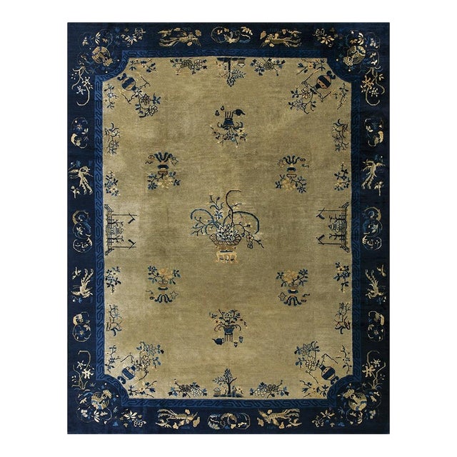 1920s Beige Field Floral Vase Deco Antique Chinese Peking Knotted Room Size Rug For Sale