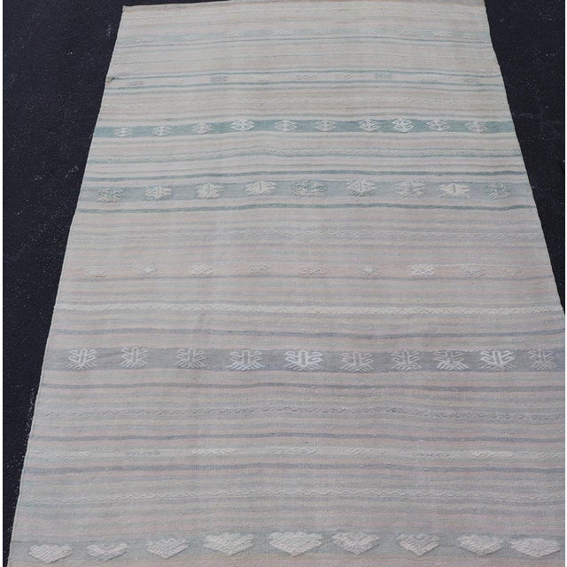 Soft-Toned Vintage Turkish Kilim Gallery Runner With Subtle Pastel Stripes and Geometric Accents 4'10"x14'5" For Sale In Atlanta - Image 6 of 10
