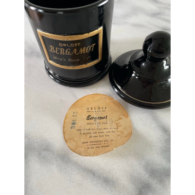 Glass Vintage Black Glass Apothecary Jar Jean Vivaudou Co. Orloff Bergamot Men's Bath Talc For Sale - Image 7 of 9