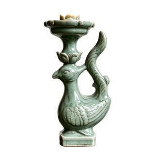 Chinese Ceramic Oil Lamp Hand Carved Yue Ware Celadon Phoenix Statue Oil Lamp For Sale