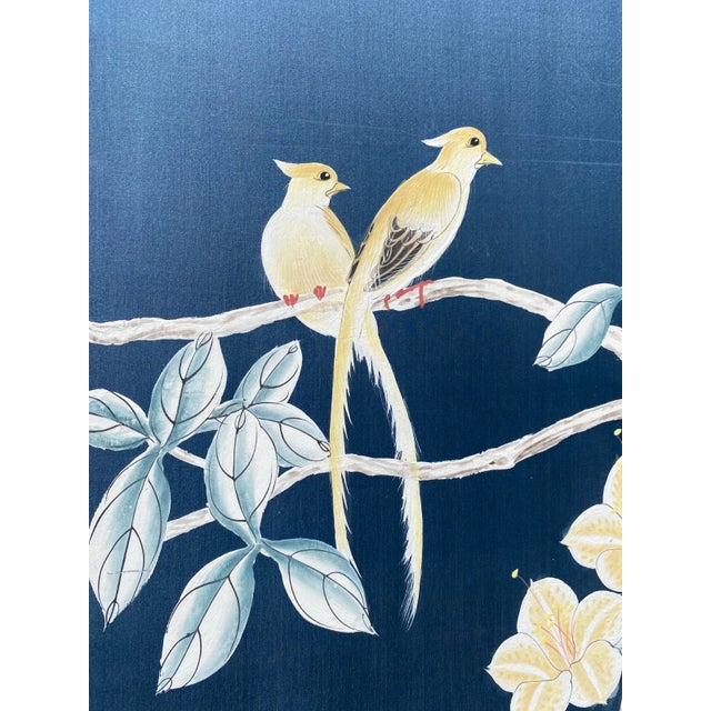 Blue Large Vintage Hand Painted Showa Era Japanese Byobu Folding Silk Screen MCM Signed Blue Gold Floral 72" For Sale - Image 8 of 11