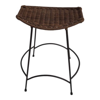 Modern Arthur Umanoff Style Wicker Rattan & Wrought Iron Base Counter Stool For Sale