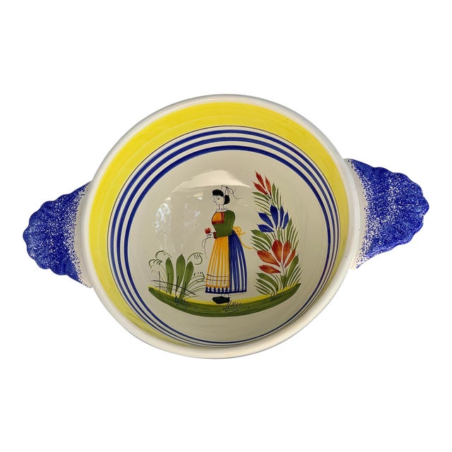 Large French Henriot Quimper Breton Faience Lug-Handle Porringer, Cereal Bowl For Sale