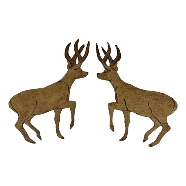 Vintage Pair of Rustic Wood Cutout & Painted Prancing Dears, Wall Art For Sale