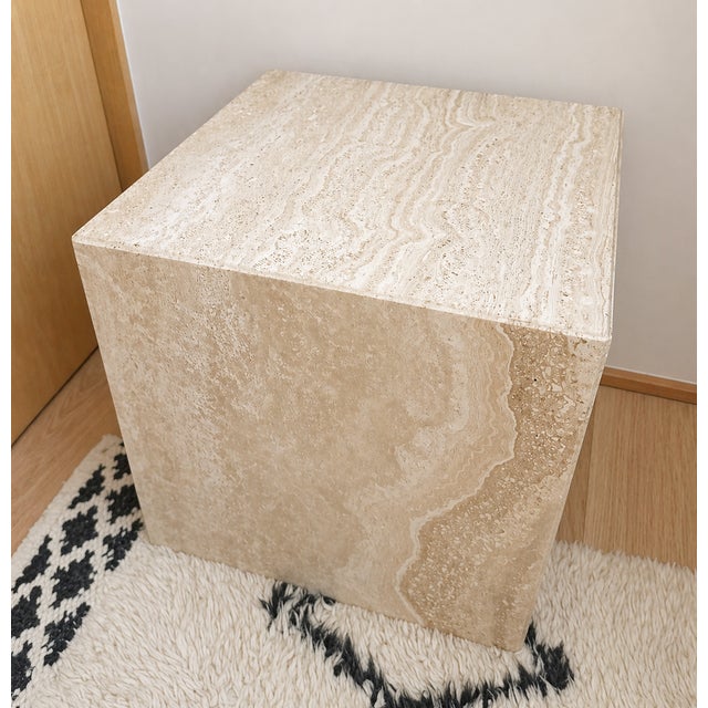 Description: A beautiful pair of solid travertine cube side tables, each measuring 16” x 16” x 16”. These pieces highlight...