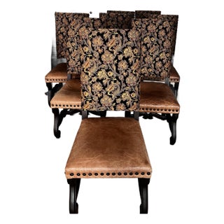 Set of 8 Dining Chairs – Leather Seats, Tapestry Backs, Nailhead Detail For Sale