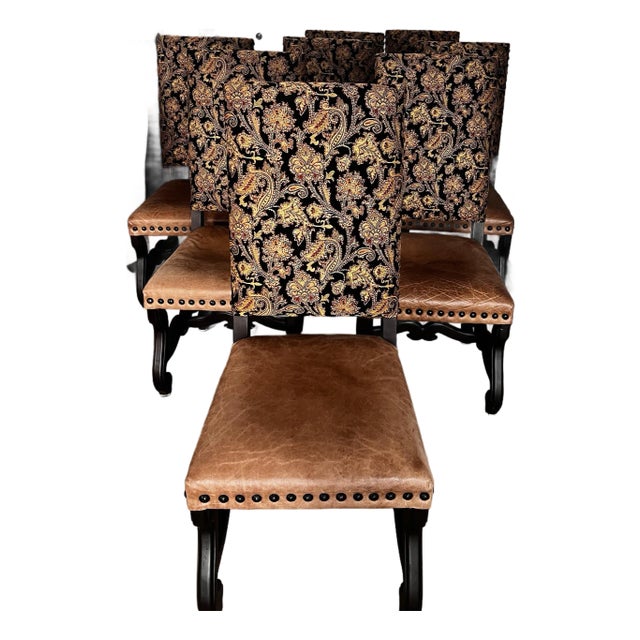 Set of 8 Dining Chairs – Leather Seats, Tapestry Backs, Nailhead Detail For Sale