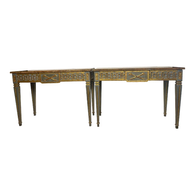 Italian Neoclassical Gilt and Painted Marble Top Console Tables - A Pair For Sale