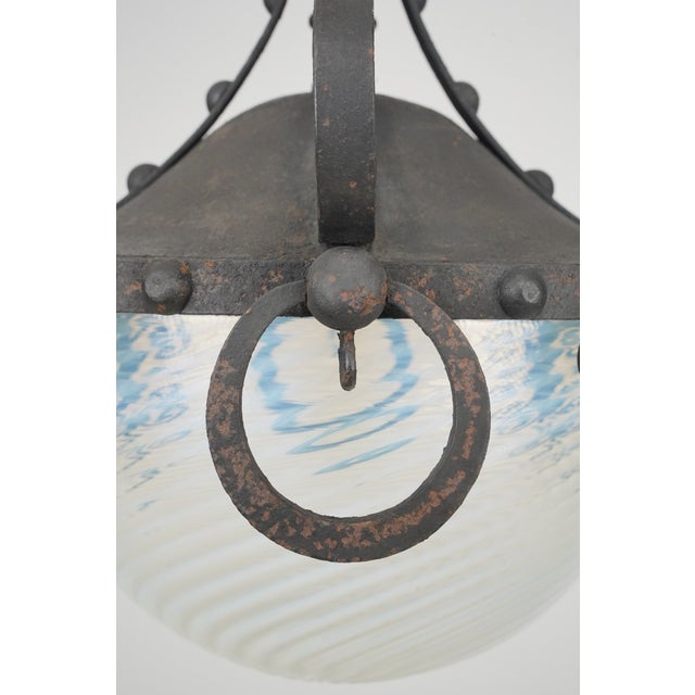 Spanish Revival Mid 20th Century Restored Spanish Revival Wrought Iron Opalescent Glass Pendant Light For Sale - Image 3 of 12