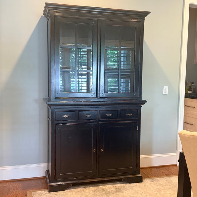 English Two Piece China Cabinet A great combination of display storage and closed storage in a washed espresso/black. Two...