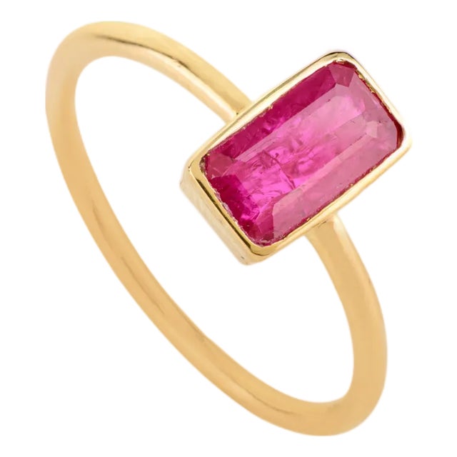 18k Solid Gold Bezel Set Ruby Baguette Ring Size 5 For Sale