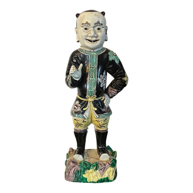 Antique Chinese Export Kangxi Famille Noir Porcelain Figure of an Attendant For Sale