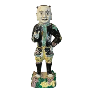 Antique Chinese Export Kangxi Famille Noir Porcelain Figure of an Attendant