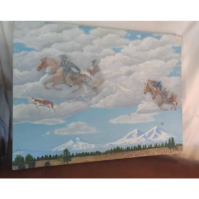 Textile Vintage Oil Painting 2006 Riders in the Sky Original Oil Panting Riders in the Sky For Sale - Image 7 of 12