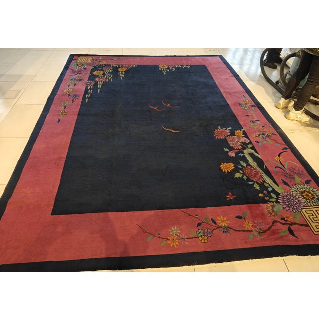 1920s Blue Navy Open Field Floral Antique Chinese Art Deco Carpet 9' X 11'8" Knotted Wool Rug For Sale - Image 10 of 10