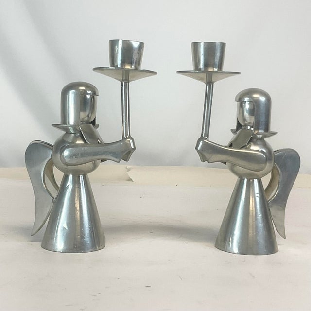 1980s Vintage Boho Chic Arts & Crafts Pewter Christmas Angel Candle Holders - A Pair. For Sale - Image 6 of 10