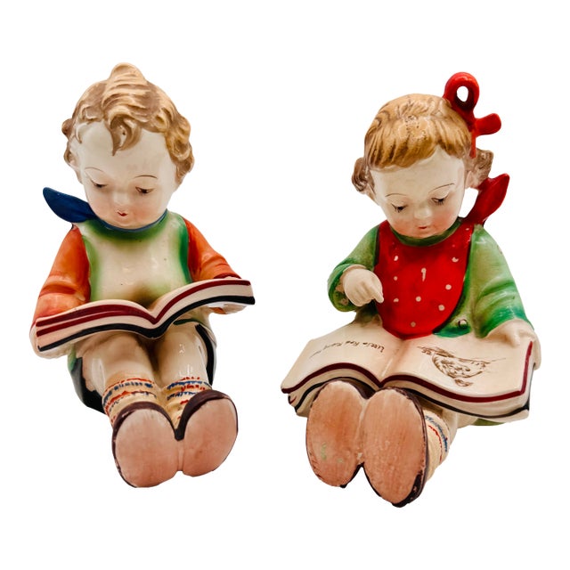 Pair of Vintage Japanese Figures-Children Reading For Sale