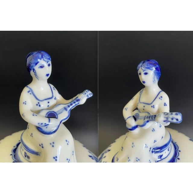 Vintage Gzhel Porcelain Lidded Trinket Box With Woman Play Guitar Finial For Sale - Image 9 of 13