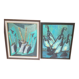 Mid-Century Italian Modernist Oil Paintings by Alfonso Parenti (Rome, 1967) – Pair For Sale