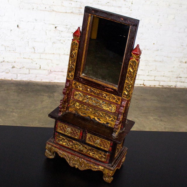 Late 19th to 20th Century Indonesian Maduran Tabletop Jewelry Case or Vanity Mirror W/Chest For Sale - Image 12 of 18