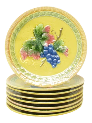 Vintage 1930s Black Forest Art Pottery German Majolica Dessert or Salad Plates With Grape Leaves Design - Set of 8