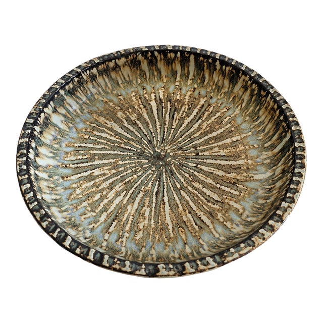 Gunnar Nylund Stoneware Centerpiece Bowl With Sunburst Glaze, Rörstrand Sweden, Mid-Century For Sale