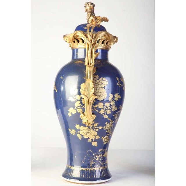 Late 18th Century 18th Century Chinese Powder Blue Gilt-Decorated Vases, 1780s, Set of 3 For Sale - Image 5 of 14