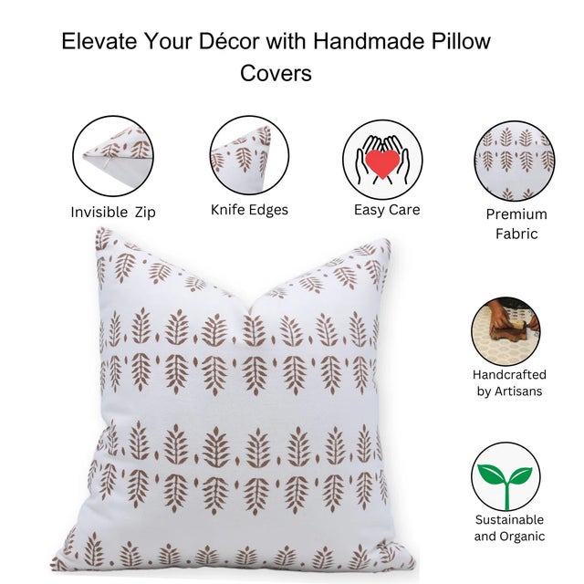 FabDivine Cushion Cover With Block Print 26x26 Inch Thick Cotton White-Darpan For Sale - Image 4 of 4