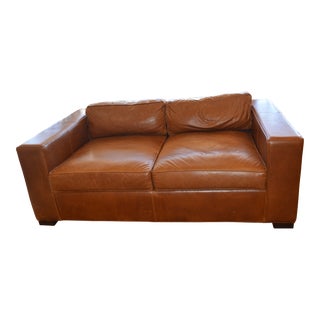 1980s Custom Made Caramel Tan Saddle Leather Deep Seating Loveseat For Sale