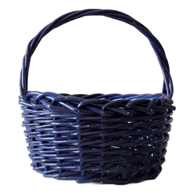Large Vintage Blue Wicker Basket With Handle For Sale