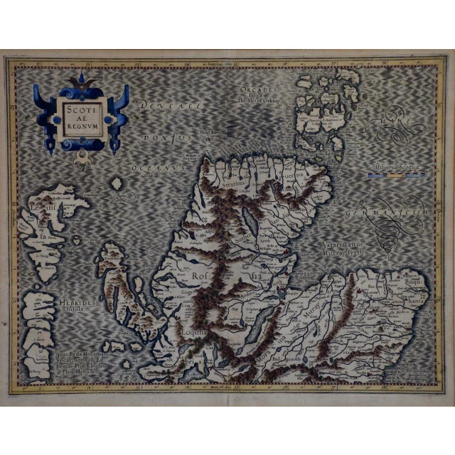 This is a framed hand-colored 16th century map of Northern Scotland by Gerard Mercator entitled "Scotiae pars...