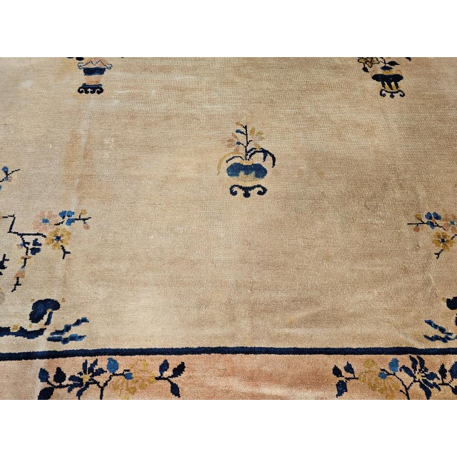 Antique Chinese Peking Rug, Hand-Knotted Wool Pile, Pale Tan & Blue, 9' x 12' For Sale - Image 17 of 18