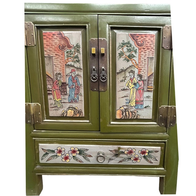 Olive Olive Green Oriental People Graphic End Table Nightstand For Sale - Image 8 of 9