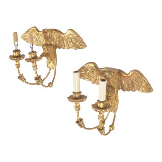 1930s Pair of Federal Style Giltwood Eagle Two-Light Wall Sconces For Sale