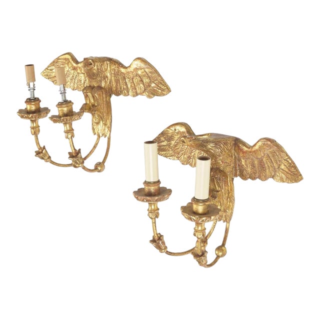 1930s Pair of Federal Style Giltwood Eagle Two-Light Wall Sconces For Sale