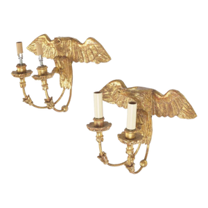 1930s Pair of Federal Style Giltwood Eagle Two-Light Wall Sconces