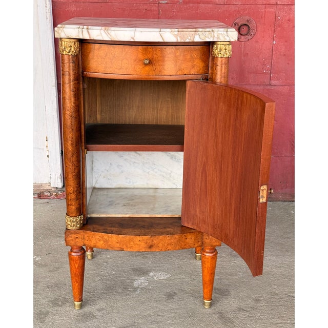 French Provincial Antique French Empire Style Marquetry Cabinet / Nightstand With Marble Top and Gold Gilt Bronze Mounts For Sale - Image 3 of 13