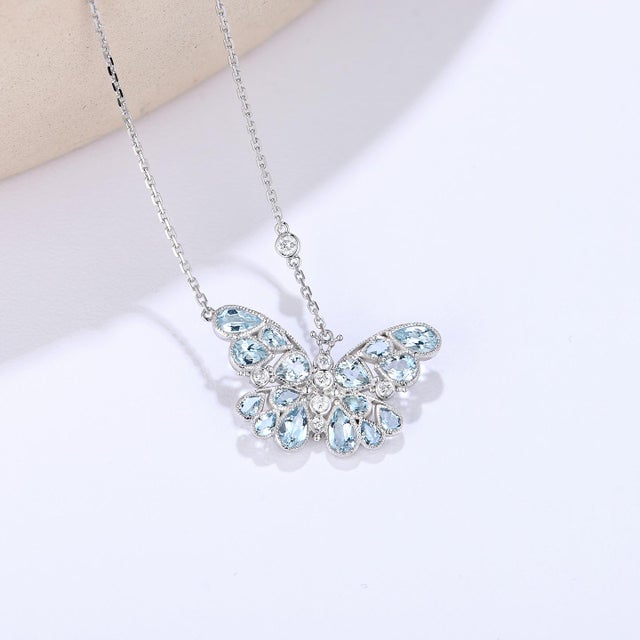 2020s Nina Zhou Aquamarine Diamond Butterfly Pendant Necklace in 14k White Gold For Sale - Image 5 of 10