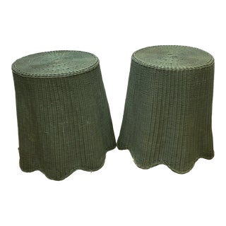 Pair of Tromp l'Oeil Drapped Wicker Tables Painted Green For Sale