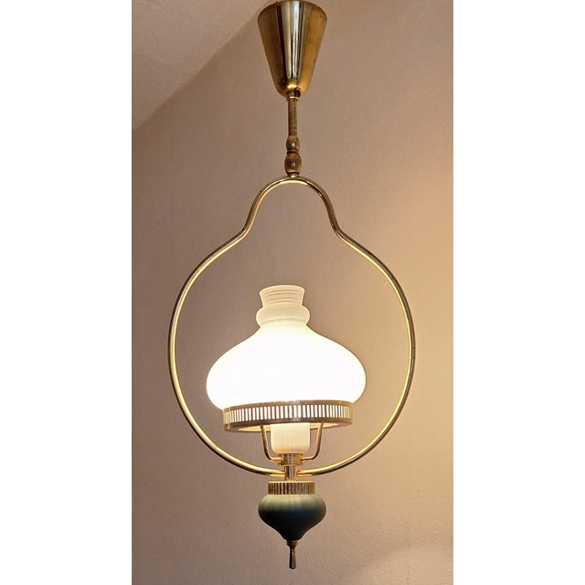 Mid-Century Modern Vintage Hanging Lamp with Brass Frame and White Patterned Glass Shade, 1960s For Sale - Image 3 of 7