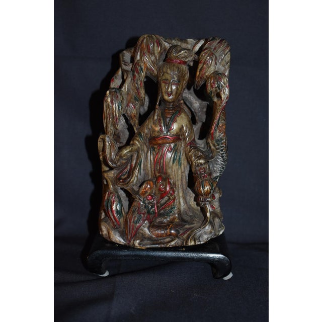Vtg. Carved Asian Style Soapstone Goddess Statue on Wood Base For Sale - Image 10 of 15