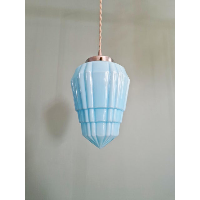 Art Deco Pendant Light in Pressed Molded Opaline Glass and Blue Color, 1920s For Sale - Image 9 of 12