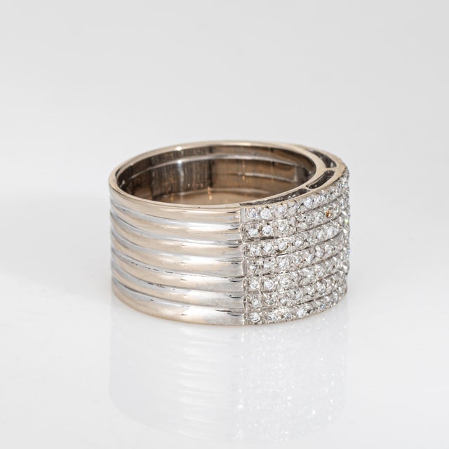 Modern 80s Portuguese Diamond Wide Band Sz 7.5 Cigar Ring 19k White Gold Fine Jewelry For Sale - Image 3 of 7