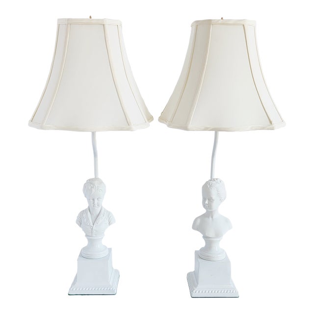 Vintage Limoges Bisque Brongniart Children Busts Table Lamps -a Pair For Sale