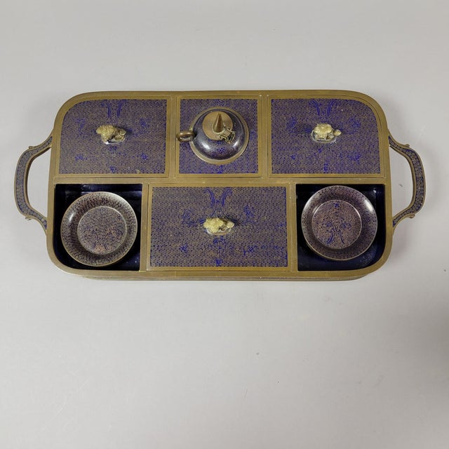Chinese 19th C Chinese Bronze and Dark Blue Cloisonne Opium Tray For Sale - Image 3 of 9