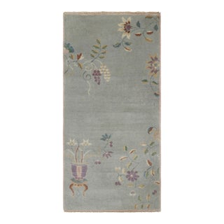 Rug & Kilim’s Chinese Art Deco Style Rug, Soft Gray-Blue With Floral Patterns For Sale