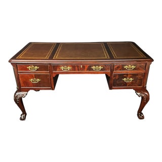 English Chippendale Style Writing Desk With Tooled Leather Top For Sale